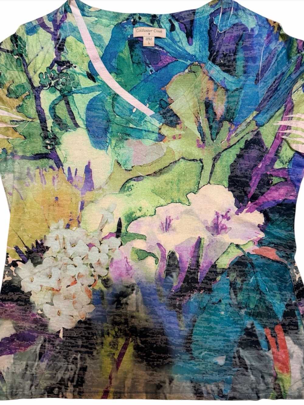 Coldwater Creek Abstract Watercolor Floral Art to Wear Top L Boho Whimsigoth